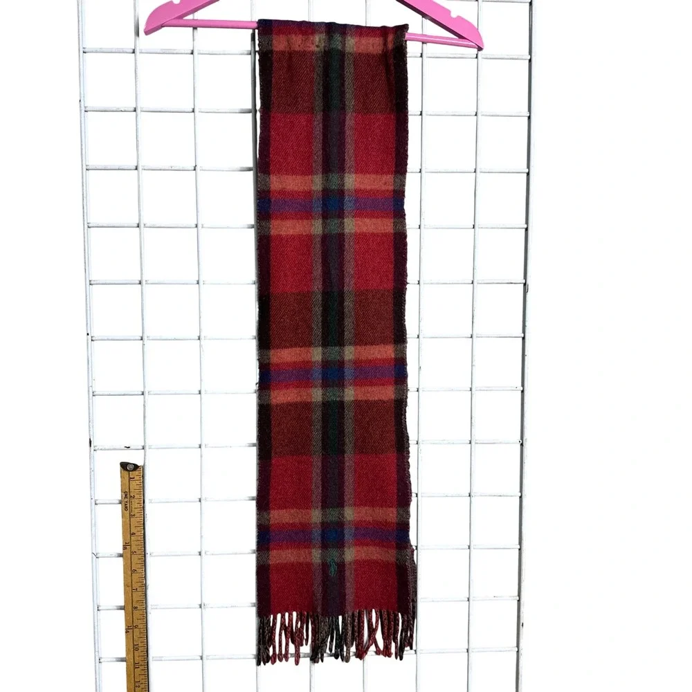 Polo Ralph Lauren Mens Red Plaid Wool Scarf Made in Italy Fringe Pony Logo 2388‎